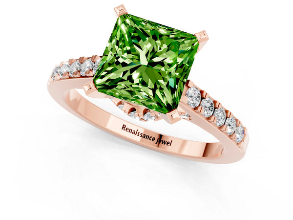 Rose gold Princess Cut Peridot Solitaire Ring with Crossover Gallery and Round  Pavé Band