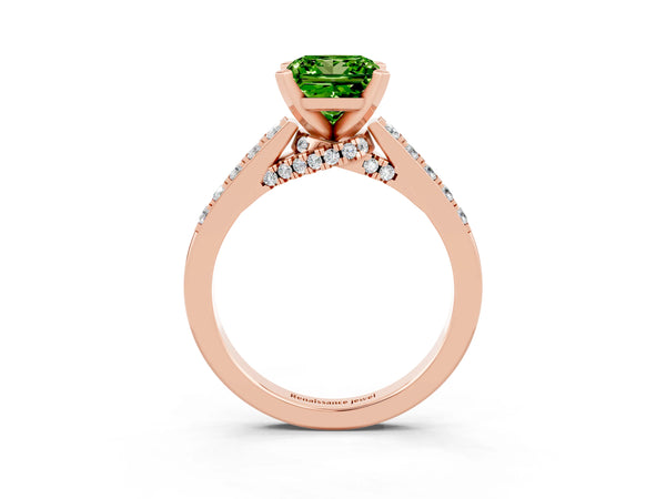 Rose gold Princess Cut Peridot Solitaire Ring with Crossover Gallery and Round  Pavé Band