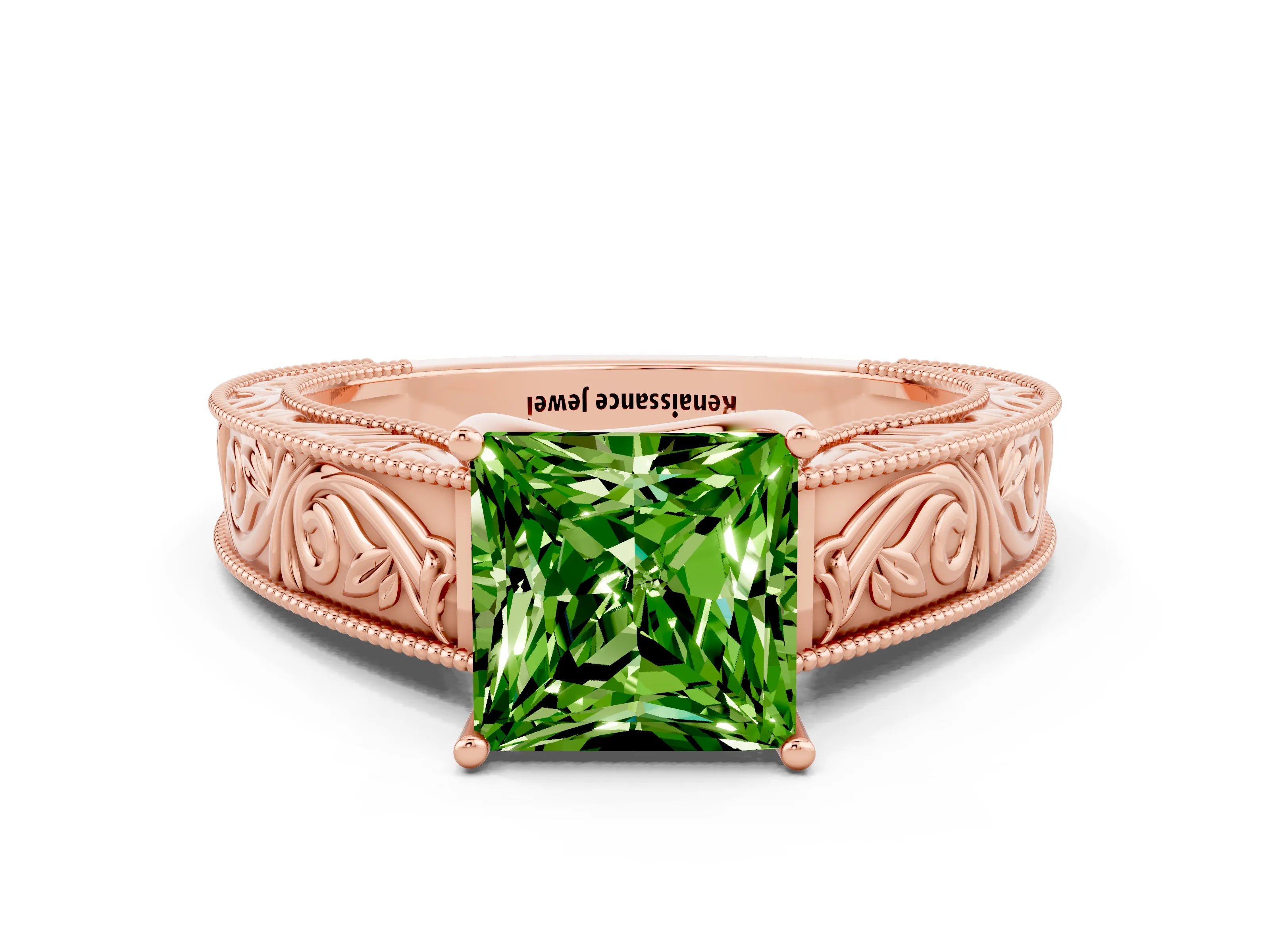 Rose gold Princess Cut Peridot Solitaire Ring with Engraved Band and Four-Prong Setting