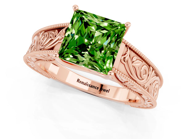 Rose gold Princess Cut Peridot Solitaire Ring with Engraved Band and Four-Prong Setting