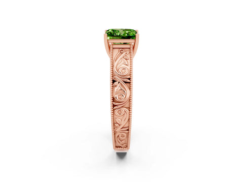 Rose gold Princess Cut Peridot Solitaire Ring with Engraved Band and Four-Prong Setting_2