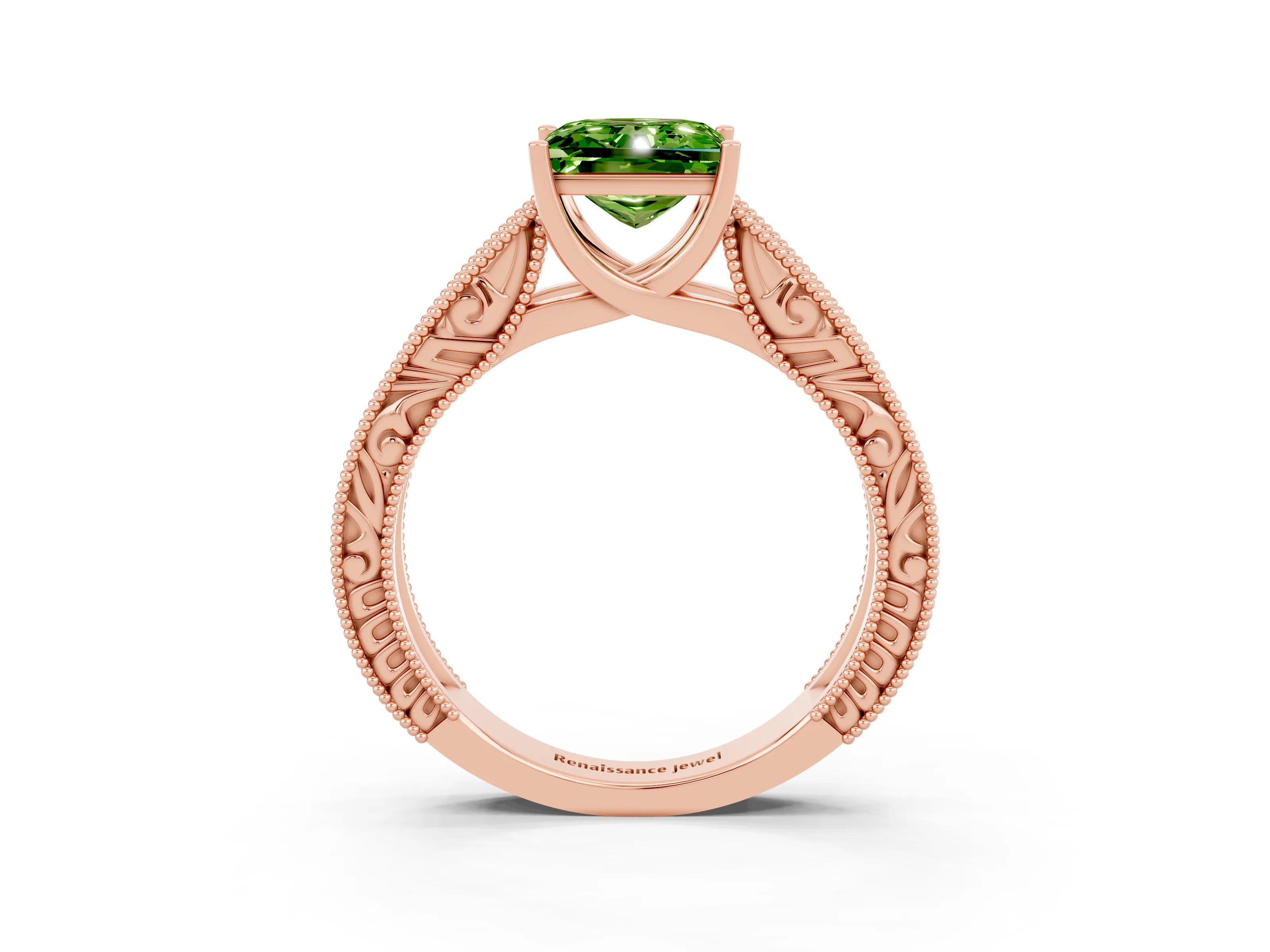 Rose gold Princess Cut Peridot Solitaire Ring with Engraved Band and Four-Prong Setting_3