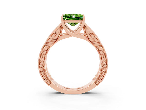 Rose gold Princess Cut Peridot Solitaire Ring with Engraved Band and Four-Prong Setting