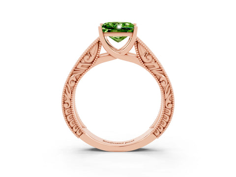 Rose gold Princess Cut Peridot Solitaire Ring with Engraved Band and Four-Prong Setting_3