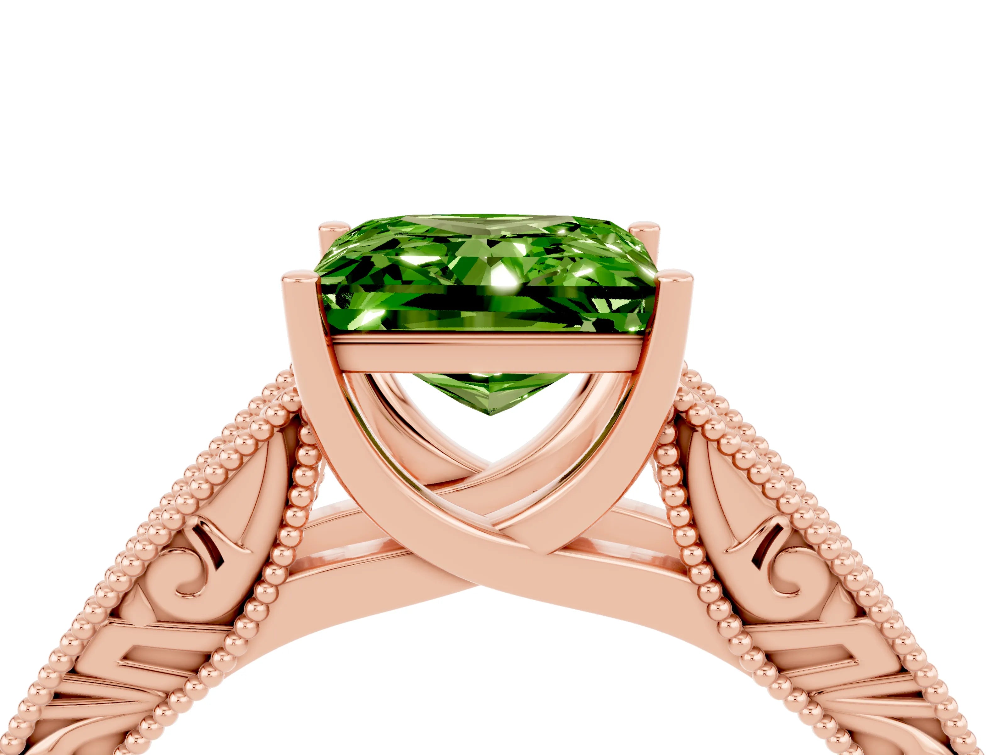 Rose gold Princess Cut Peridot Solitaire Ring with Engraved Band and Four-Prong Setting_4