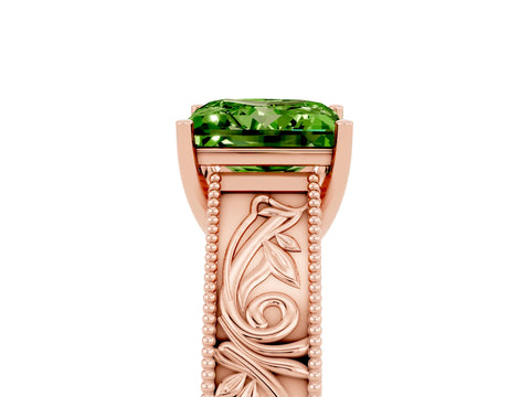 Rose gold Princess Cut Peridot Solitaire Ring with Engraved Band and Four-Prong Setting_5
