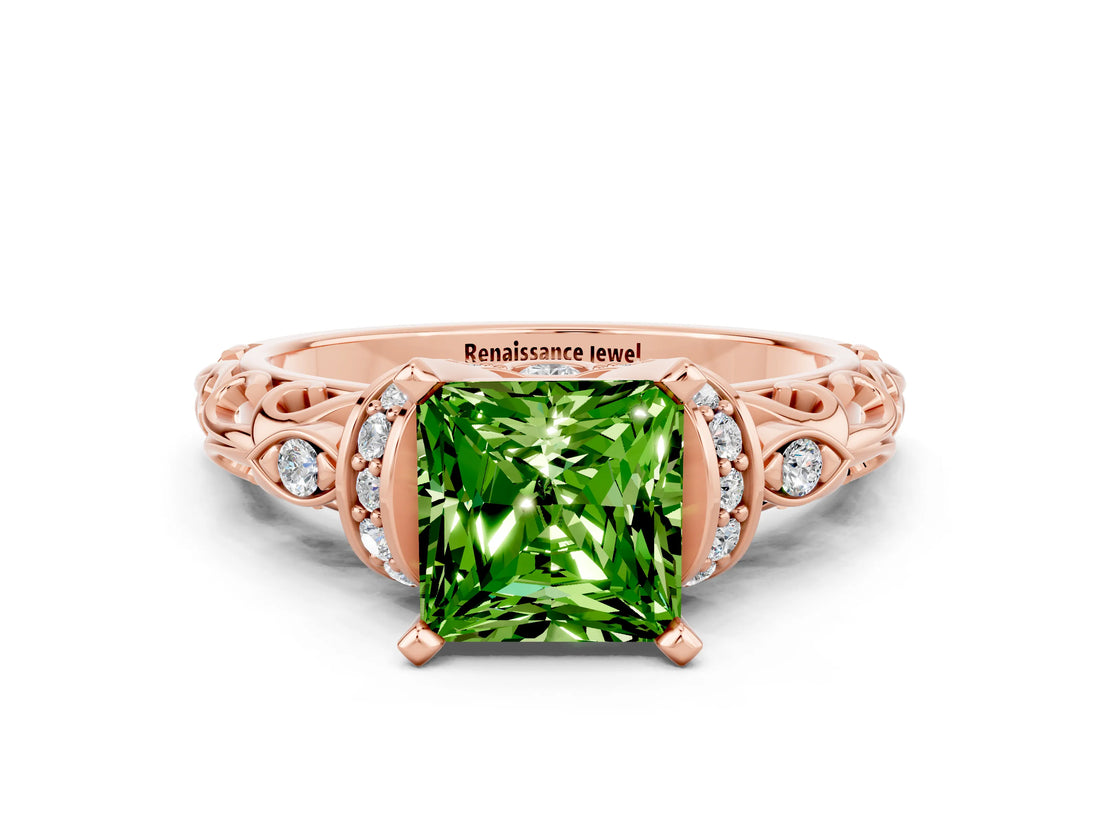 Rose gold Princess Cut Peridot Solitaire Ring with Filigree Band and Four-Prong Setting_24