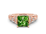 Rose gold Princess Cut Peridot Solitaire Ring with Filigree Band and Four-Prong Setting_24