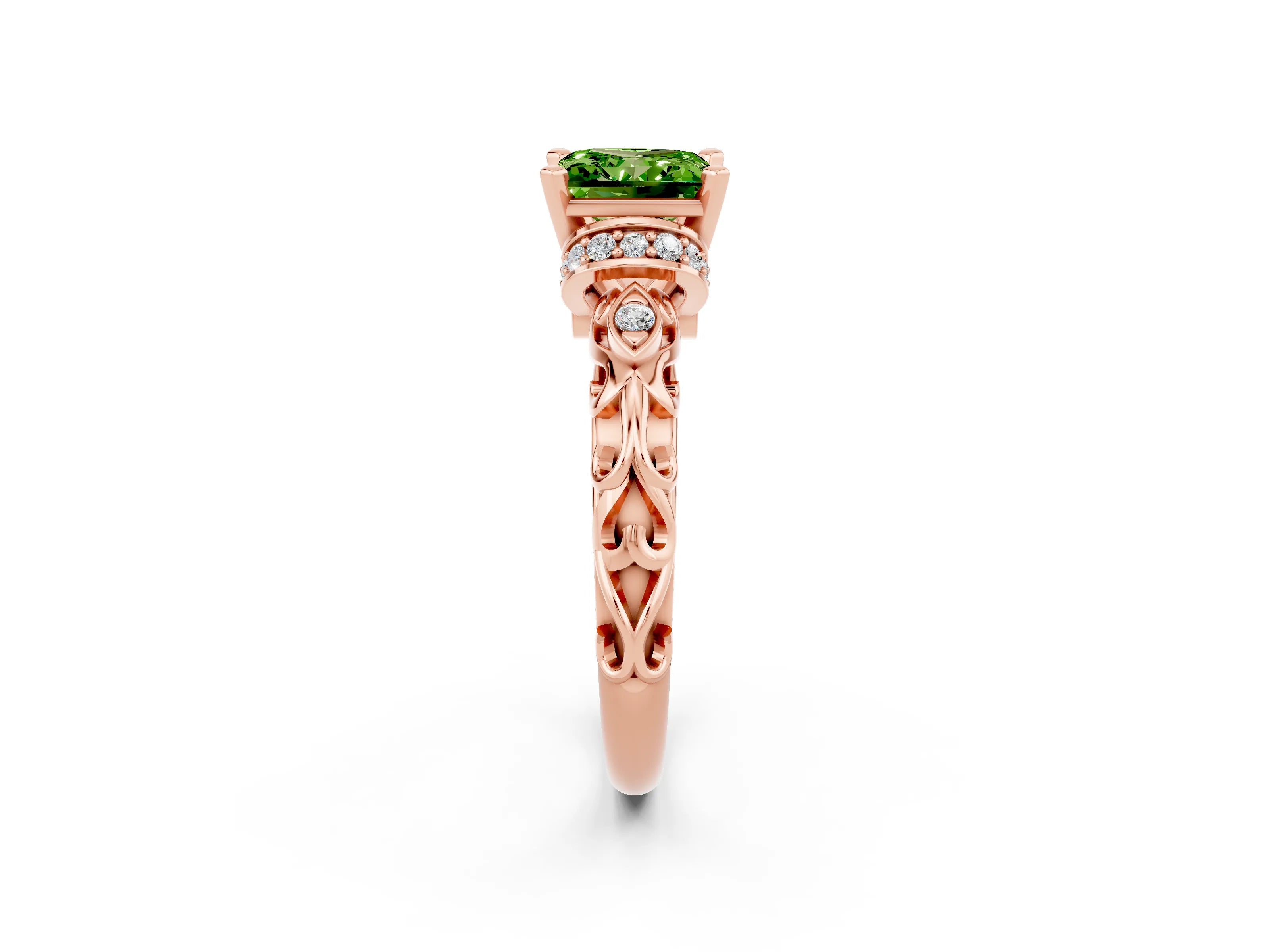 Rose gold Princess Cut Peridot Solitaire Ring with Filigree Band and Four-Prong Setting_26