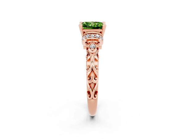 Rose gold Princess Cut Peridot Solitaire Ring with Filigree Band and Four-Prong Setting