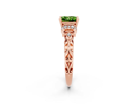 Rose gold Princess Cut Peridot Solitaire Ring with Filigree Band and Four-Prong Setting_26