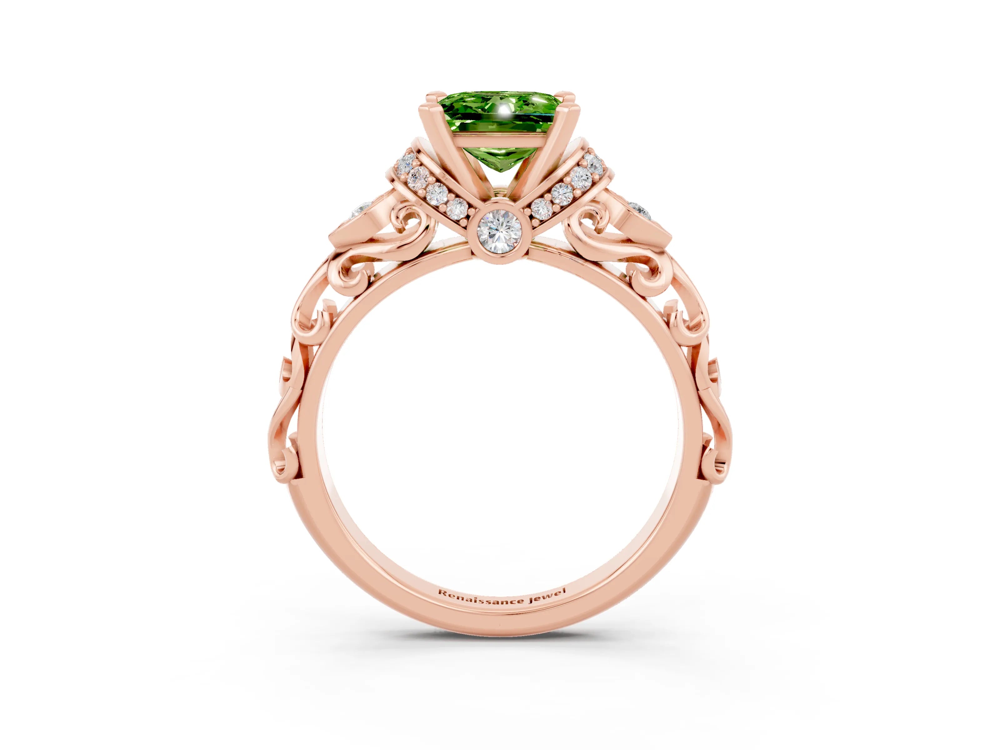 Rose gold Princess Cut Peridot Solitaire Ring with Filigree Band and Four-Prong Setting_27