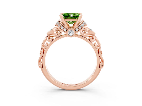 Rose gold Princess Cut Peridot Solitaire Ring with Filigree Band and Four-Prong Setting