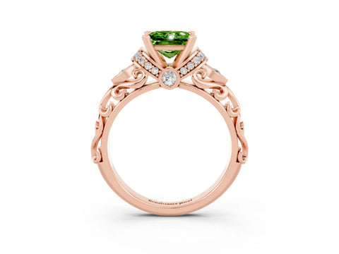 Rose gold Princess Cut Peridot Solitaire Ring with Filigree Band and Four-Prong Setting_27