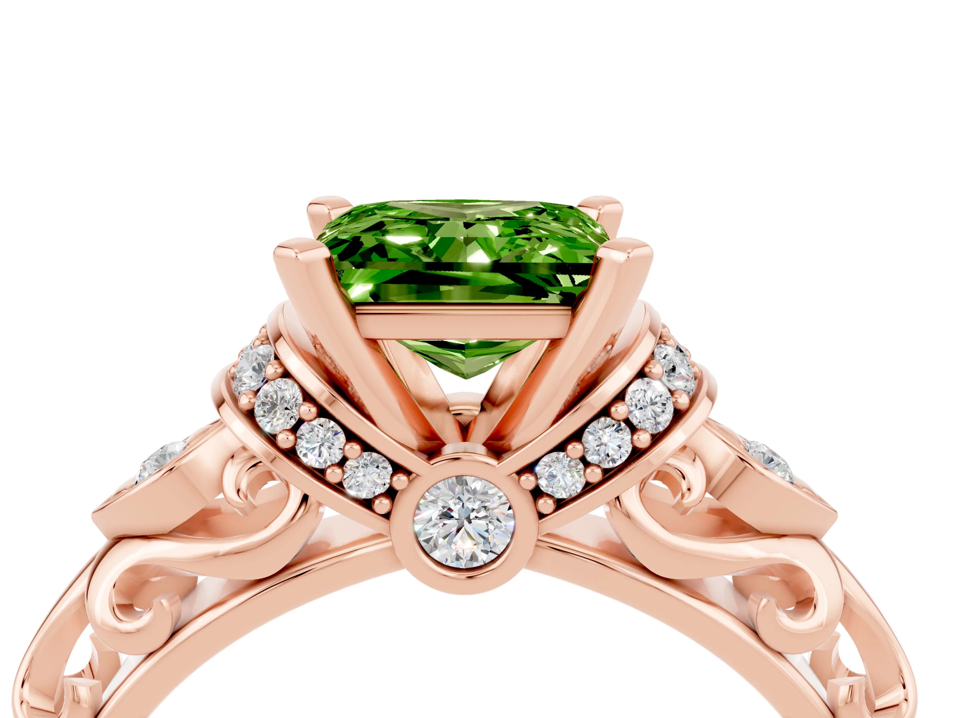Rose gold Princess Cut Peridot Solitaire Ring with Filigree Band and Four-Prong Setting_28