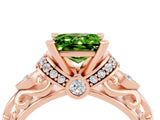 Rose gold Princess Cut Peridot Solitaire Ring with Filigree Band and Four-Prong Setting_28