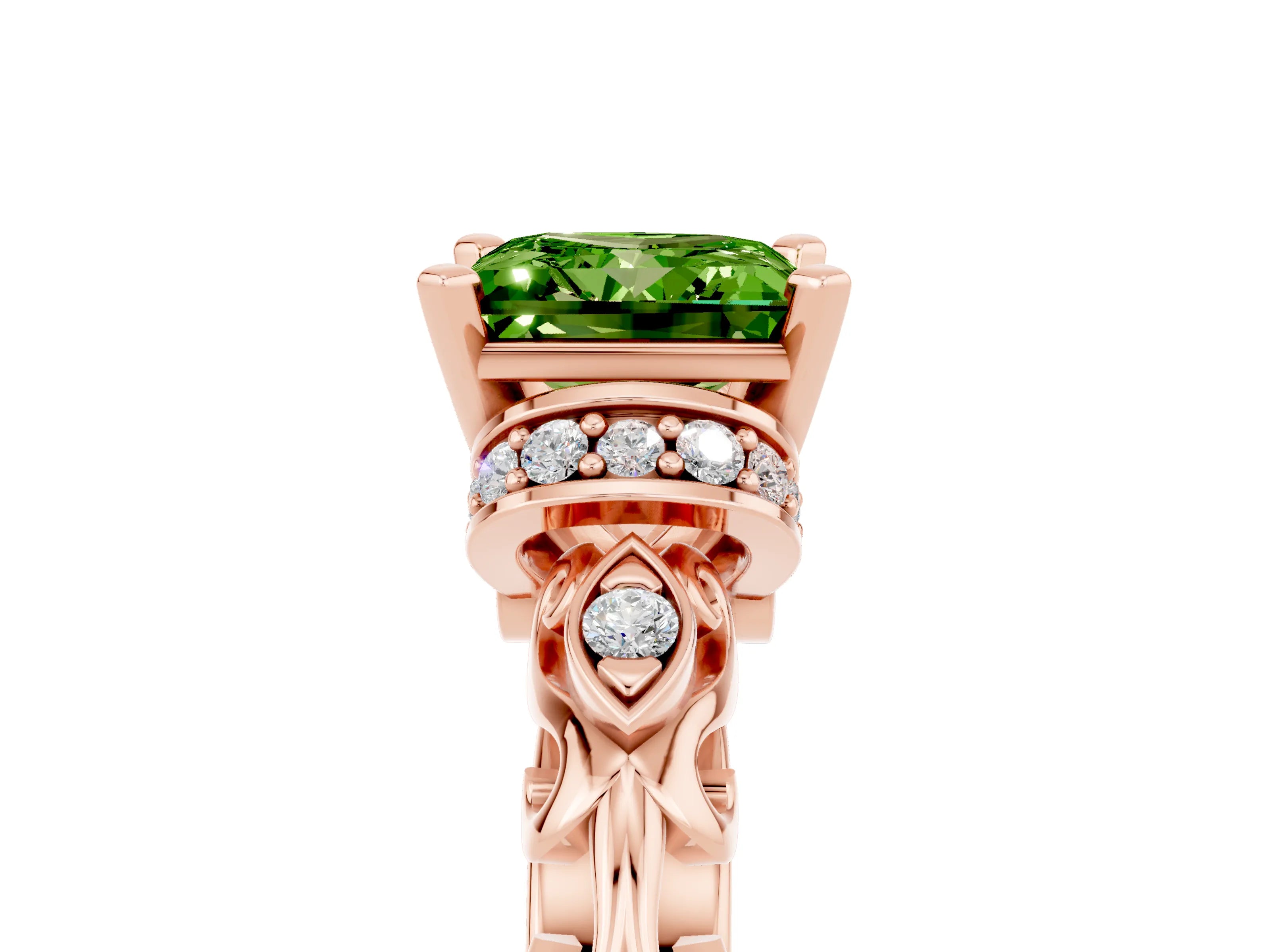 Rose gold Princess Cut Peridot Solitaire Ring with Filigree Band and Four-Prong Setting_29