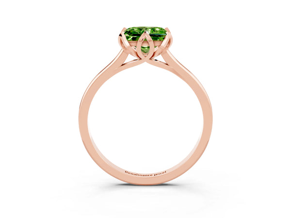Rose gold Princess Cut Peridot Solitaire Ring with Flower Prong Setting and Classic Band