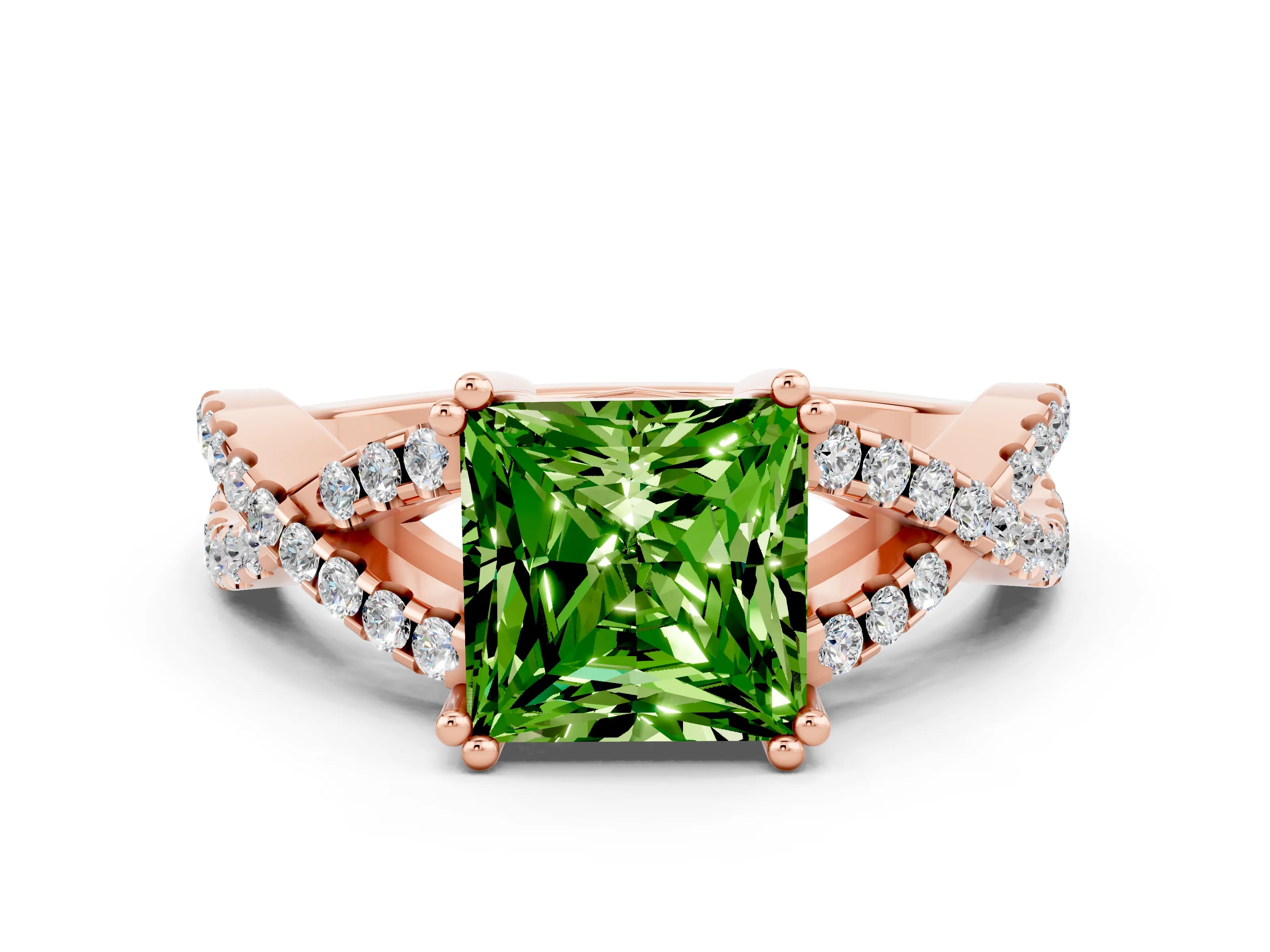 Rose gold Princess Cut Peridot Solitaire Ring with Four-Prong Setting and Twisted Pavé Band