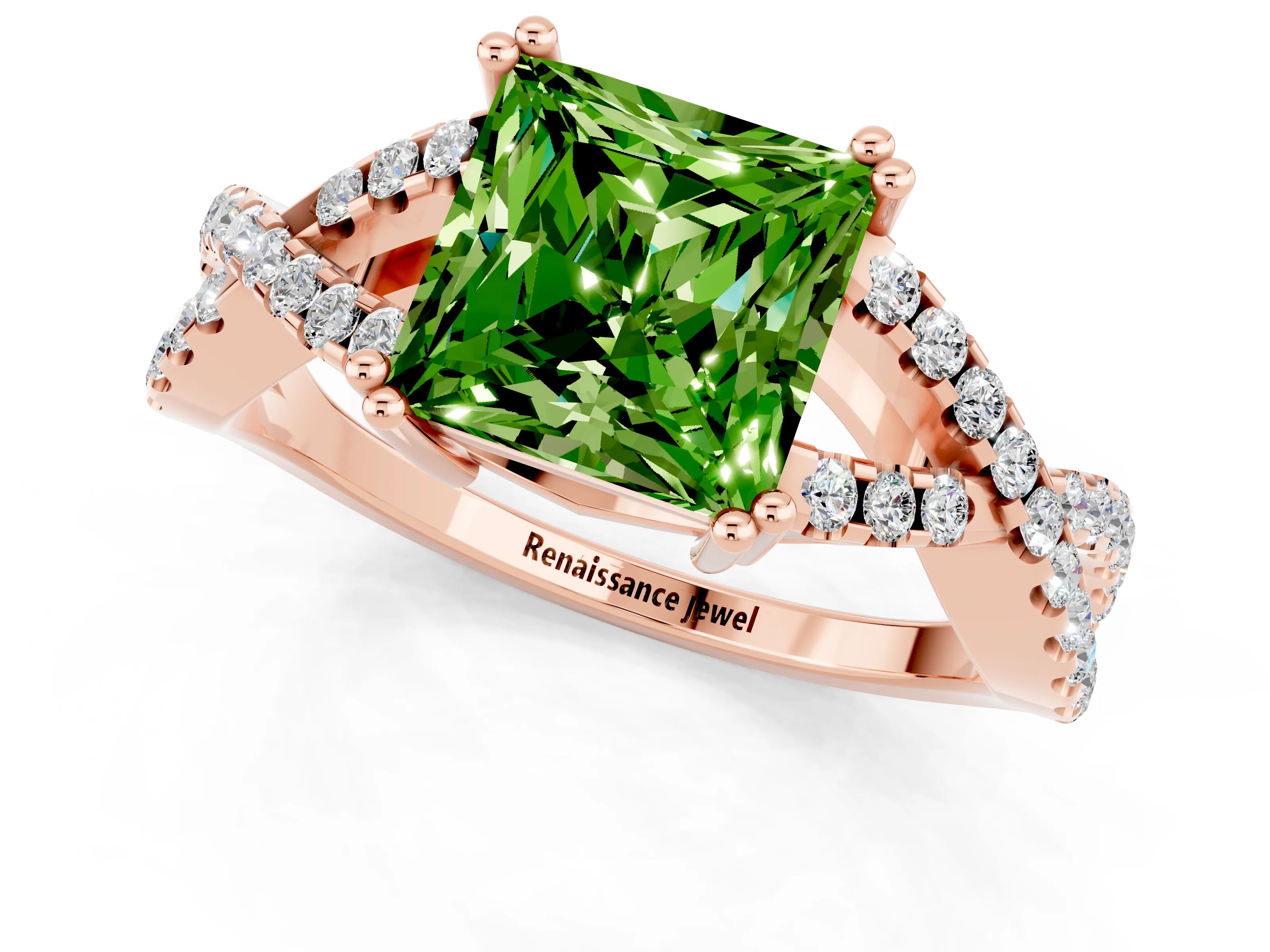 Rose gold Princess Cut Peridot Solitaire Ring with Four-Prong Setting and Twisted Pavé Band_1