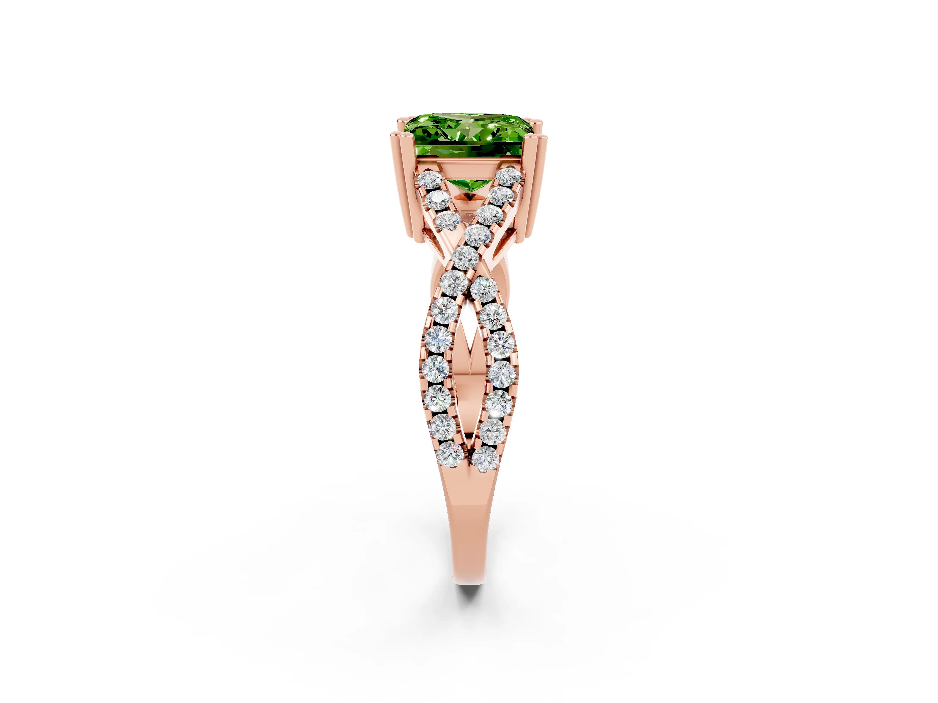 Rose gold Princess Cut Peridot Solitaire Ring with Four-Prong Setting and Twisted Pavé Band_2