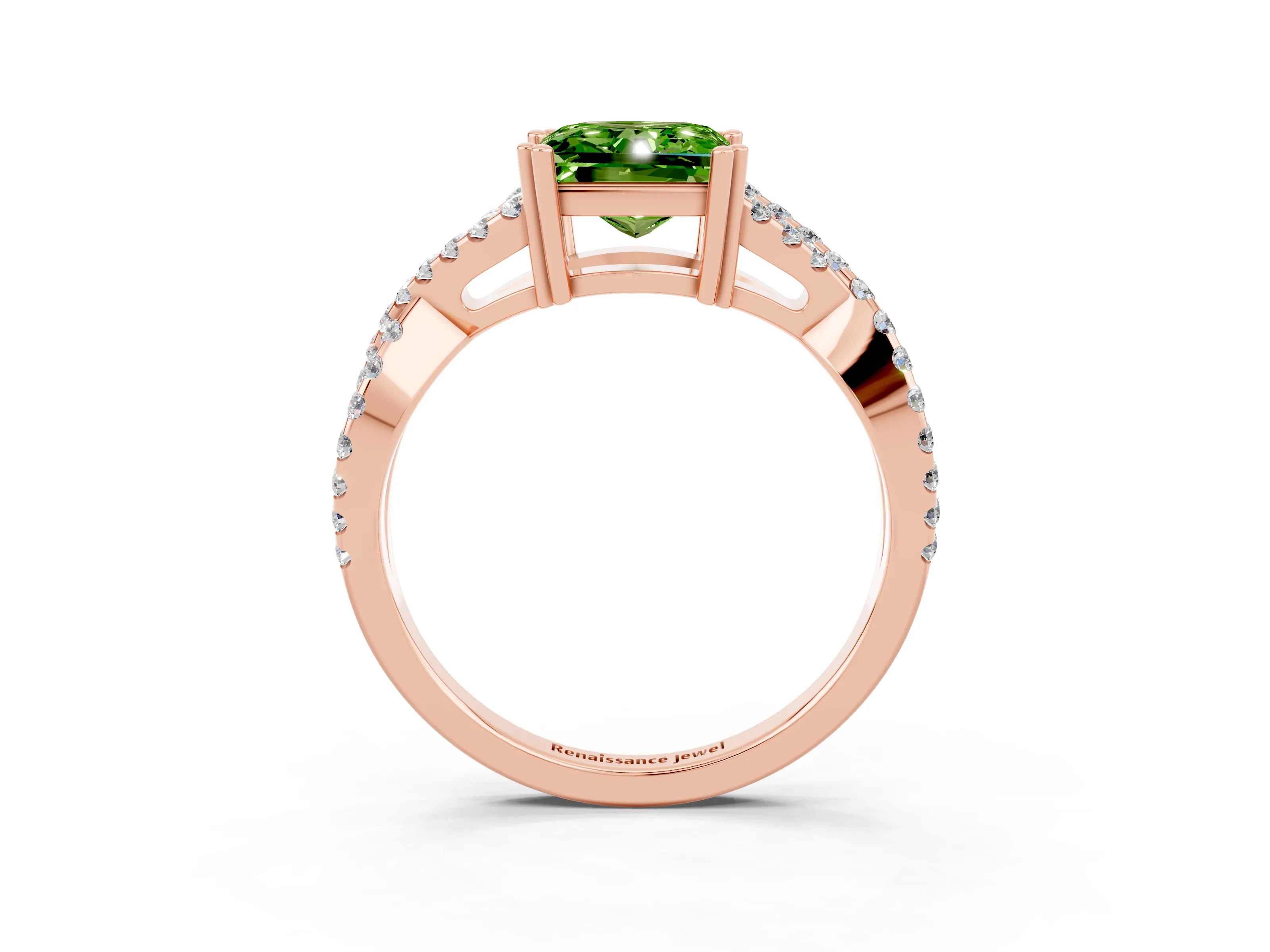 Rose gold Princess Cut Peridot Solitaire Ring with Four-Prong Setting and Twisted Pavé Band_3