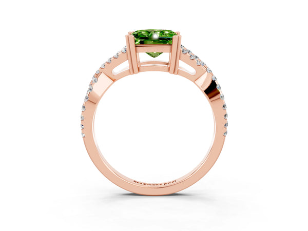 Rose gold Princess Cut Peridot Solitaire Ring with Four-Prong Setting and Twisted Pavé Band