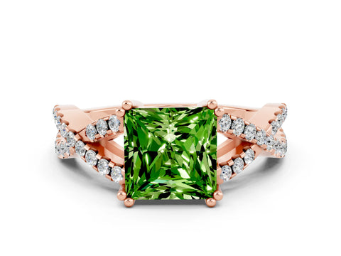 Rose gold Princess Cut Peridot Solitaire Ring with Four-Prong Setting and Twisted Pavé Band
