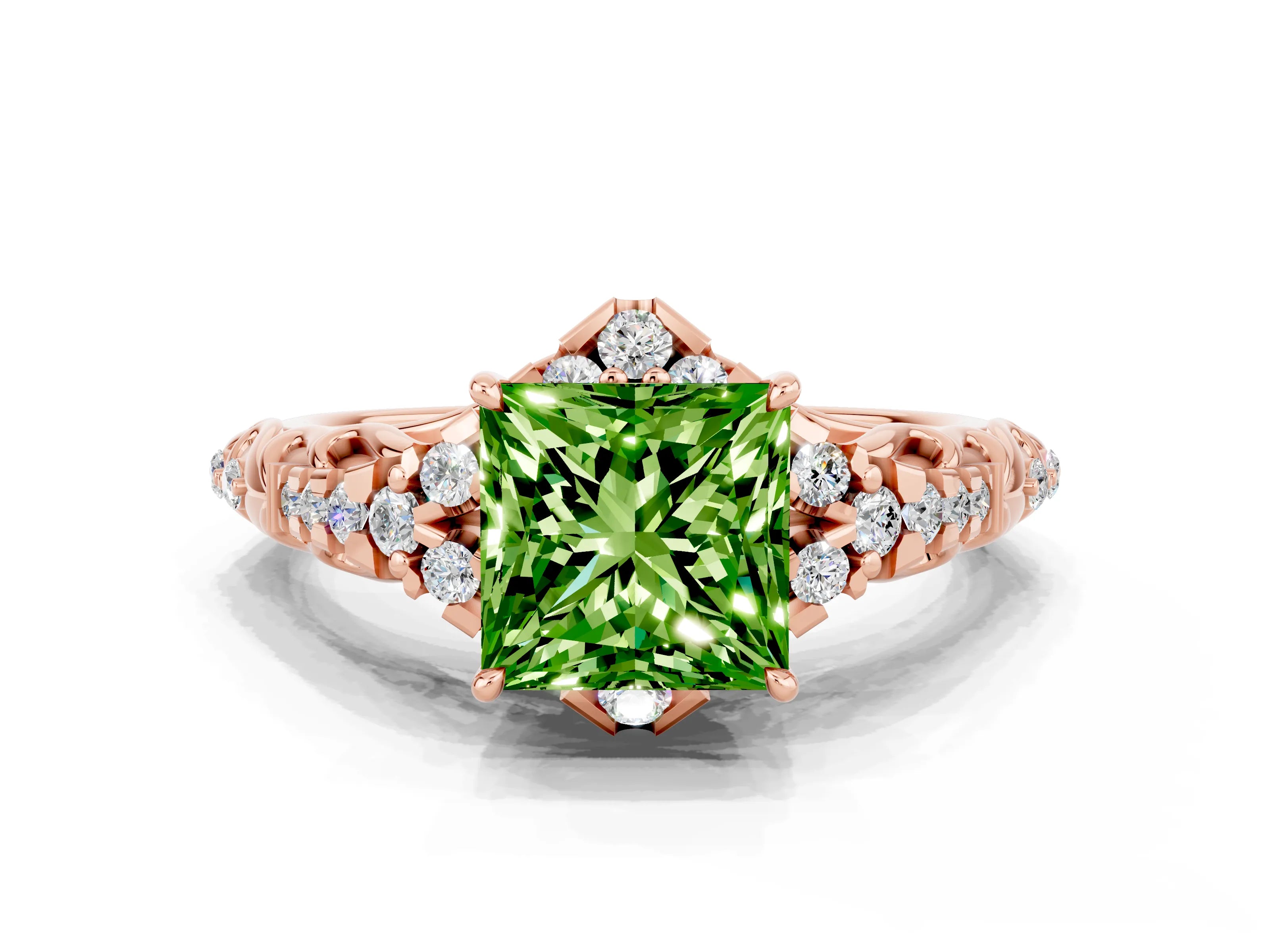 Rose gold Princess Cut Peridot Solitaire Ring with Hidden Halo and Pavé Band_12