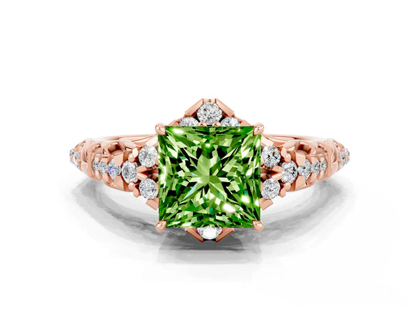 Rose gold Princess Cut Peridot Solitaire Ring with Hidden Halo and Pavé Band