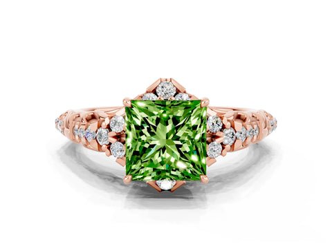 Rose gold Princess Cut Peridot Solitaire Ring with Hidden Halo and Pavé Band_12