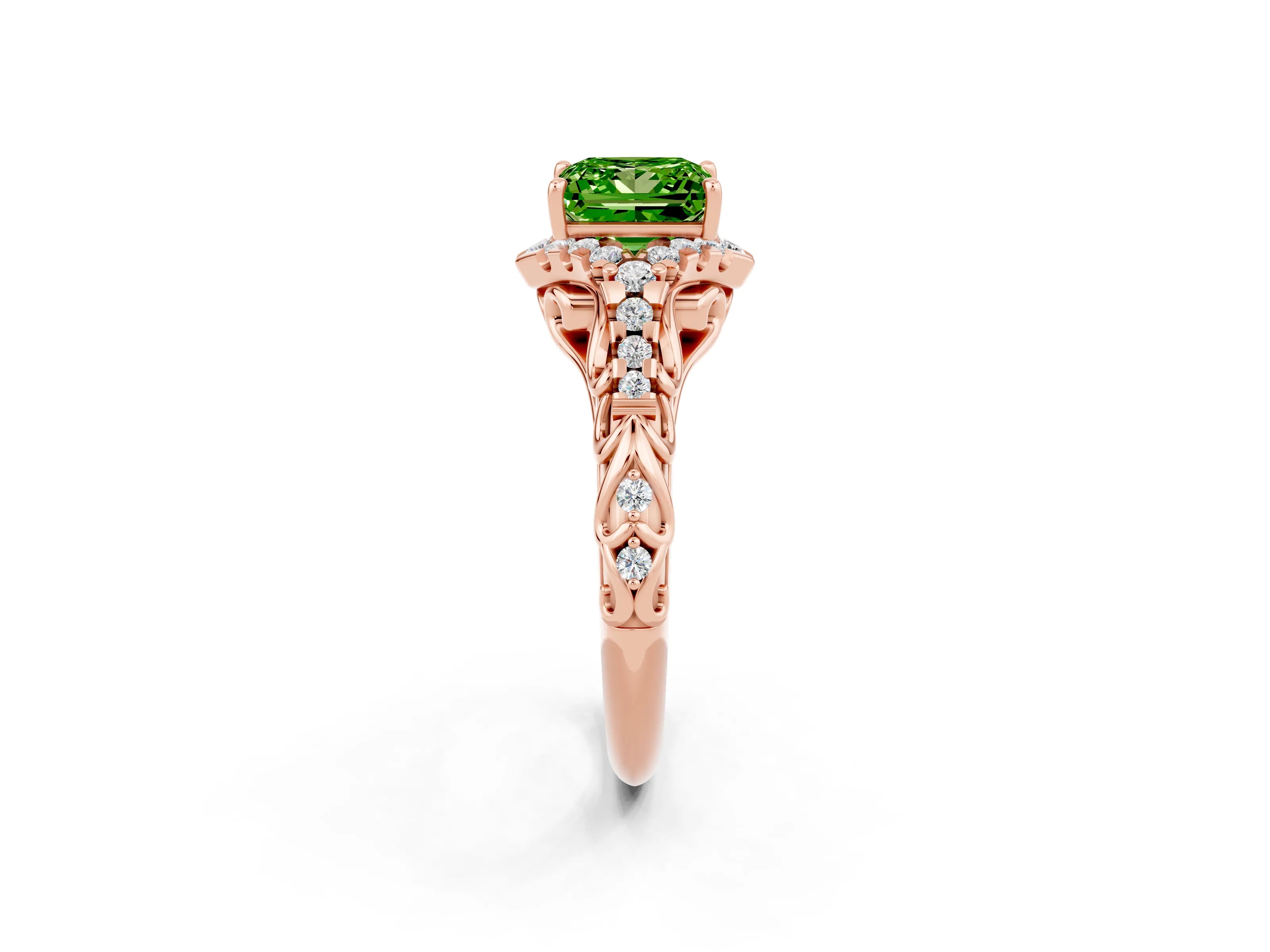 Rose gold Princess Cut Peridot Solitaire Ring with Hidden Halo and Pavé Band_14
