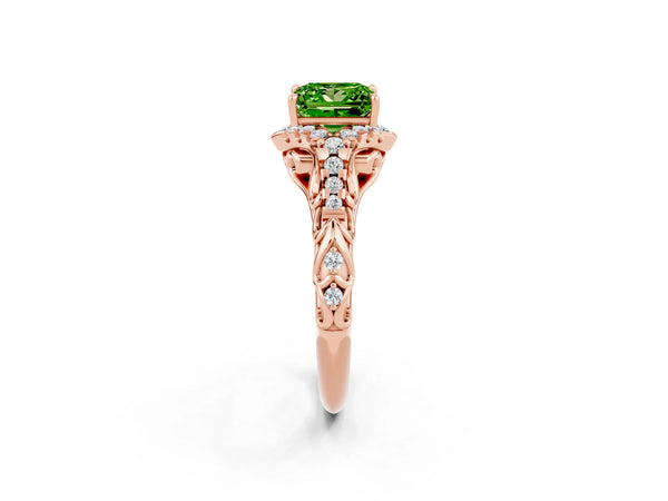 Rose gold Princess Cut Peridot Solitaire Ring with Hidden Halo and Pavé Band