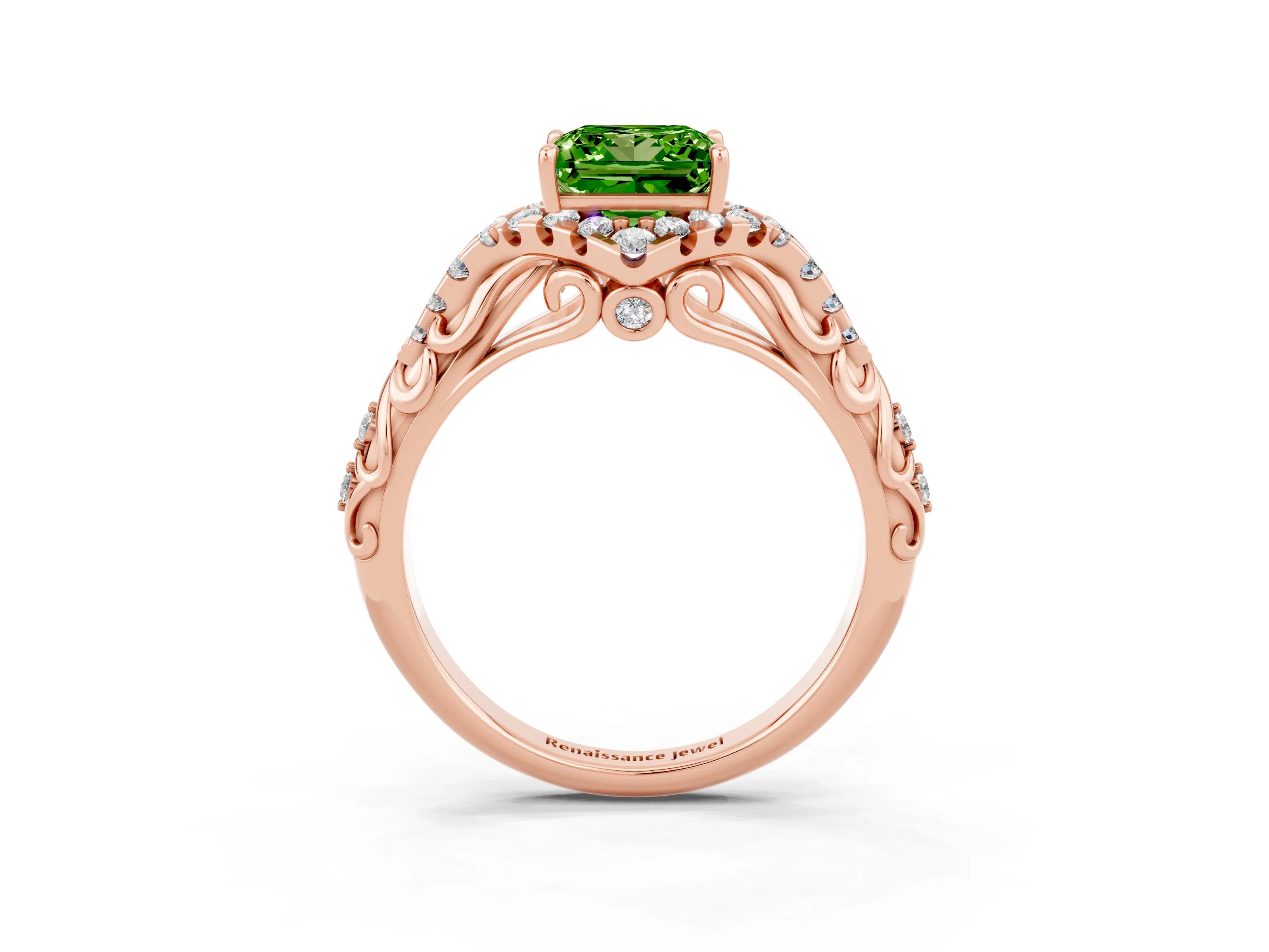 Rose gold Princess Cut Peridot Solitaire Ring with Hidden Halo and Pavé Band_15