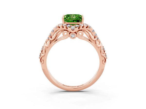 Rose gold Princess Cut Peridot Solitaire Ring with Hidden Halo and Pavé Band