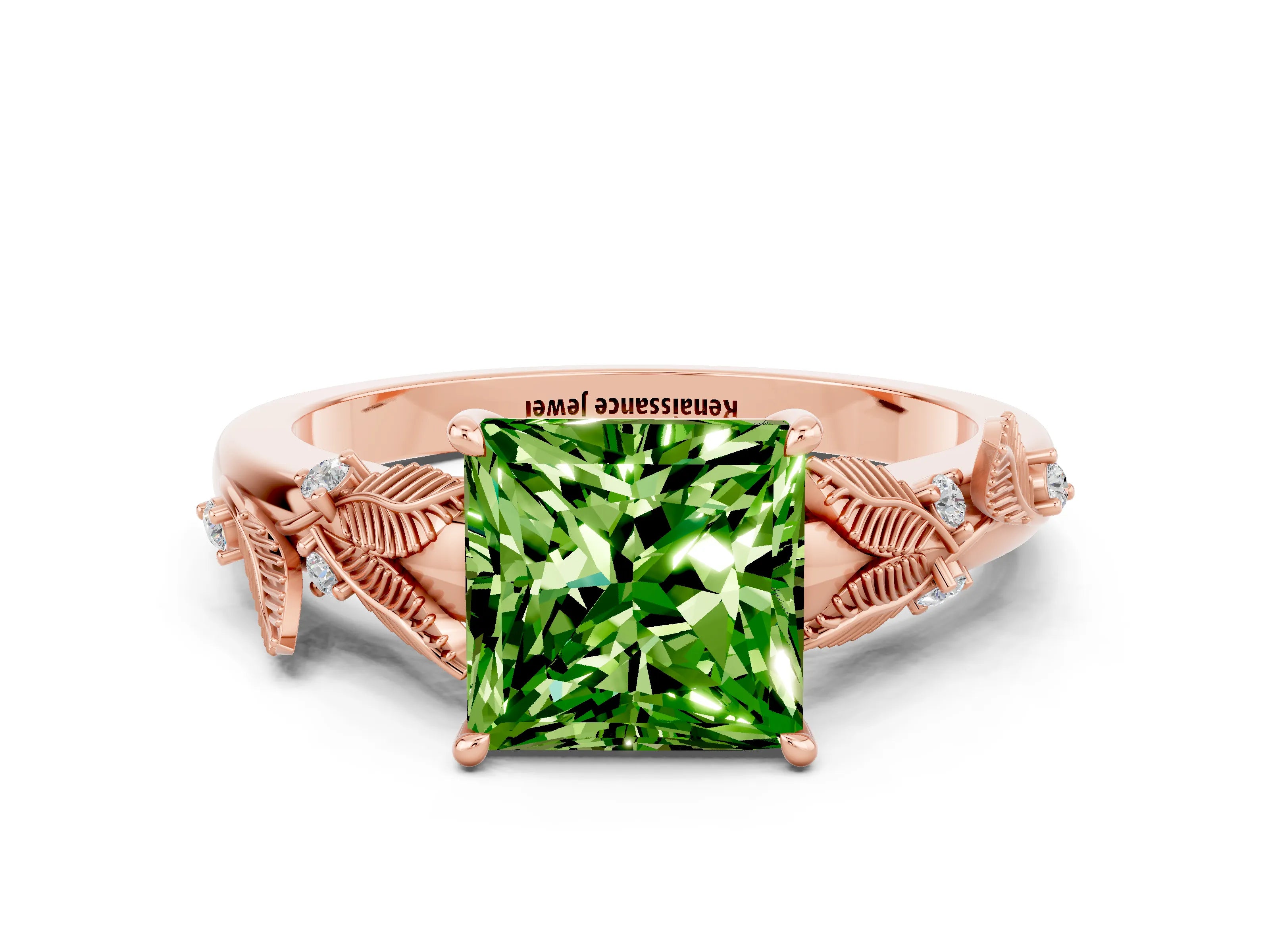Rose gold Princess Cut Peridot Solitaire Ring with Leaf Motif Band and Four-Prong Setting