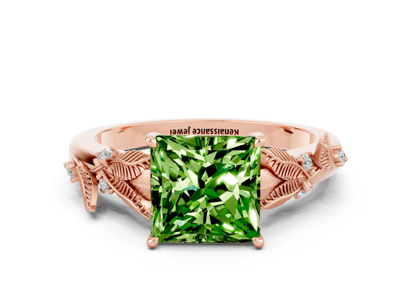 Rose gold Princess Cut Peridot Solitaire Ring with Leaf Motif Band and Four-Prong Setting