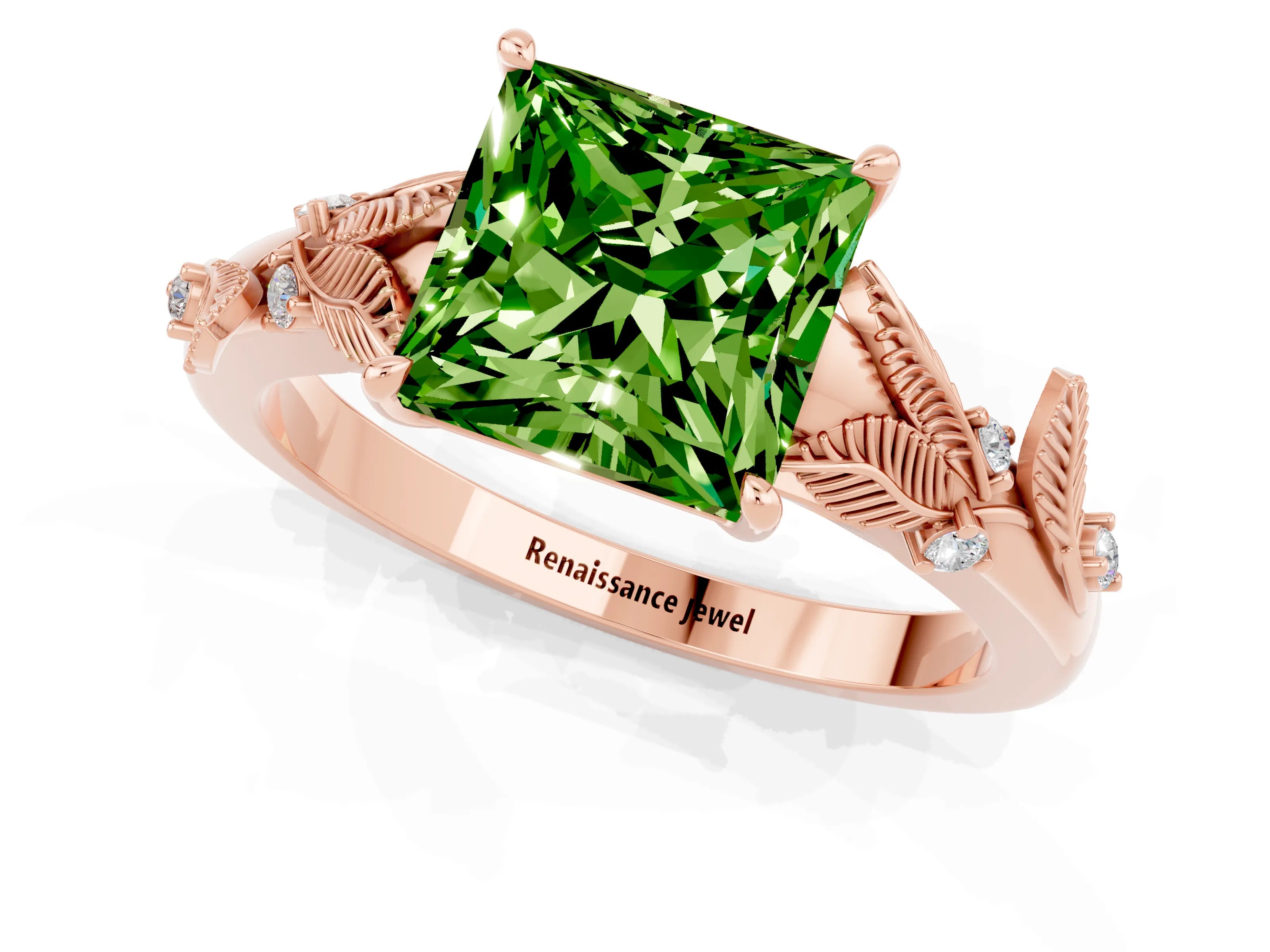 Rose gold Princess Cut Peridot Solitaire Ring with Leaf Motif Band and Four-Prong Setting_1