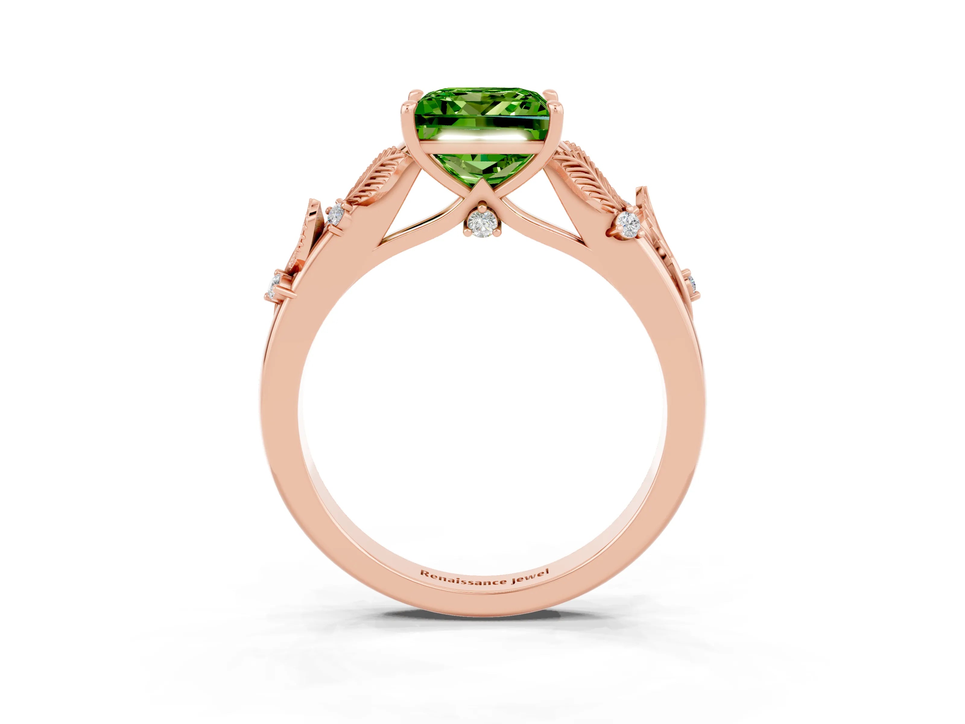 Rose gold Princess Cut Peridot Solitaire Ring with Leaf Motif Band and Four-Prong Setting_3