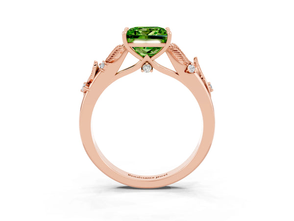 Rose gold Princess Cut Peridot Solitaire Ring with Leaf Motif Band and Four-Prong Setting