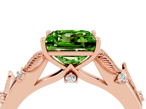 Rose gold Princess Cut Peridot Solitaire Ring with Leaf Motif Band and Four-Prong Setting_4