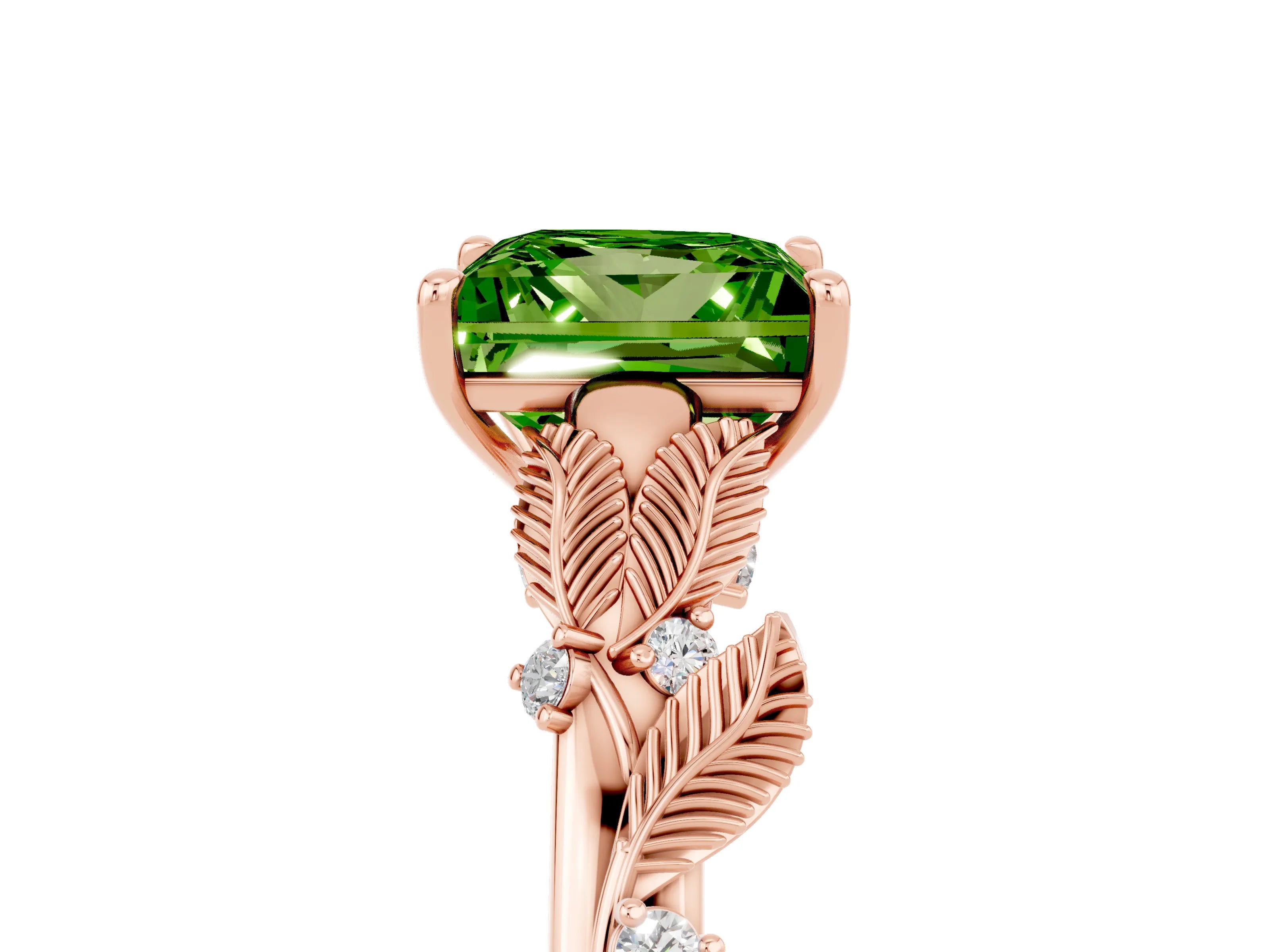 Rose gold Princess Cut Peridot Solitaire Ring with Leaf Motif Band and Four-Prong Setting_5