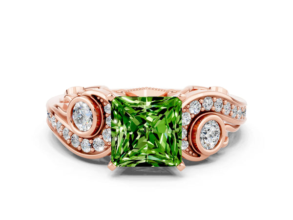 Rose gold Princess Cut Peridot Solitaire Ring with Milgrain Pavé Band and Four-Prong Setting