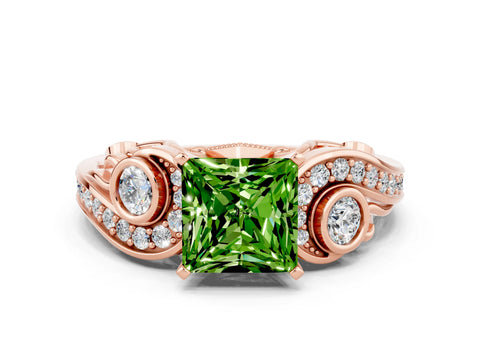 Rose gold Princess Cut Peridot Solitaire Ring with Milgrain Pavé Band and Four-Prong Setting_24