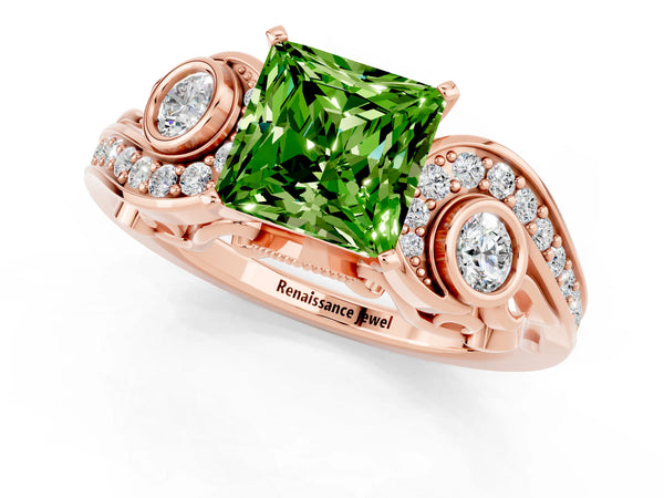 Rose gold Princess Cut Peridot Solitaire Ring with Milgrain Pavé Band and Four-Prong Setting