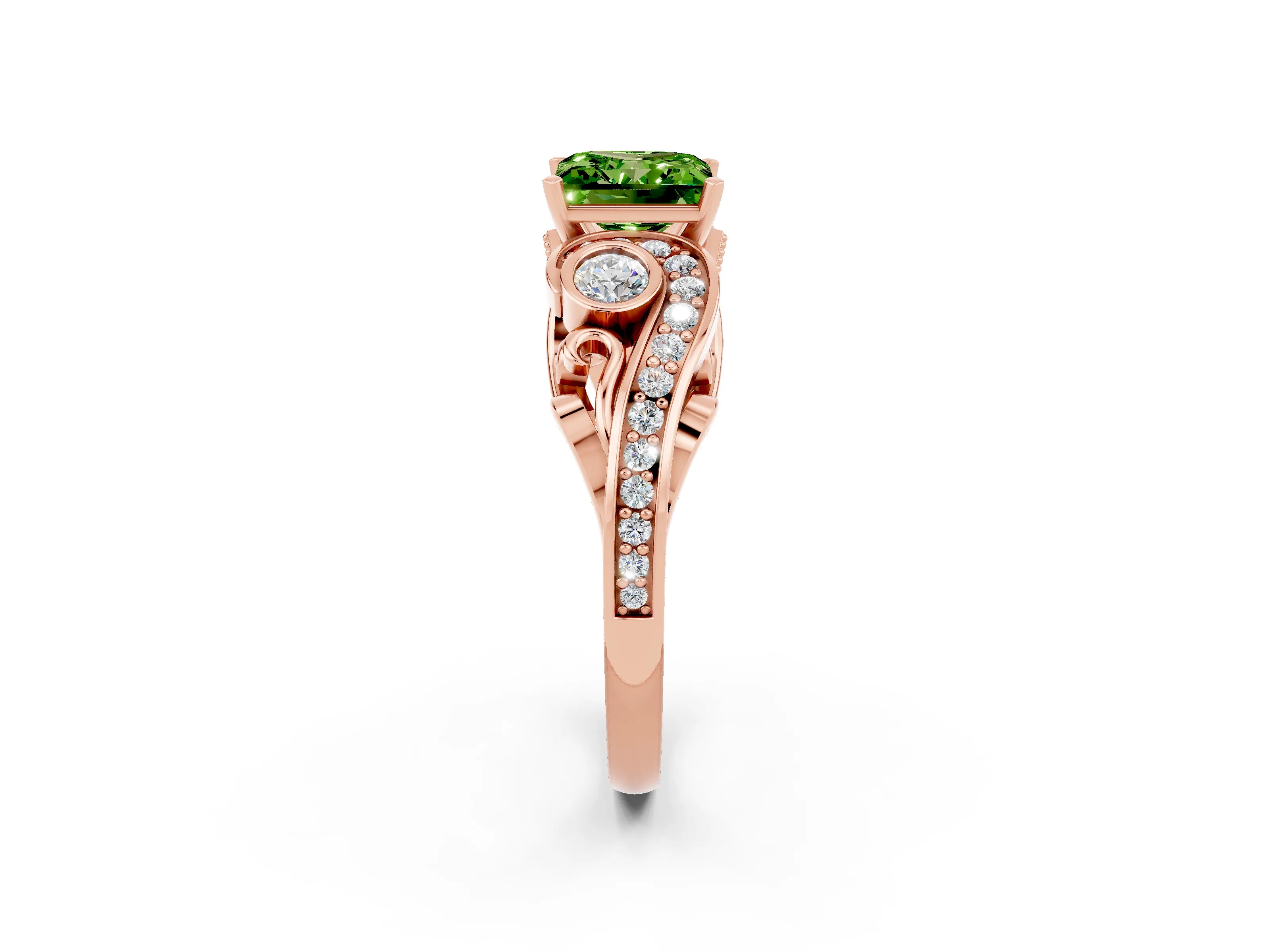 Rose gold Princess Cut Peridot Solitaire Ring with Milgrain Pavé Band and Four-Prong Setting_26