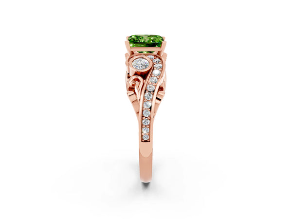 Rose gold Princess Cut Peridot Solitaire Ring with Milgrain Pavé Band and Four-Prong Setting