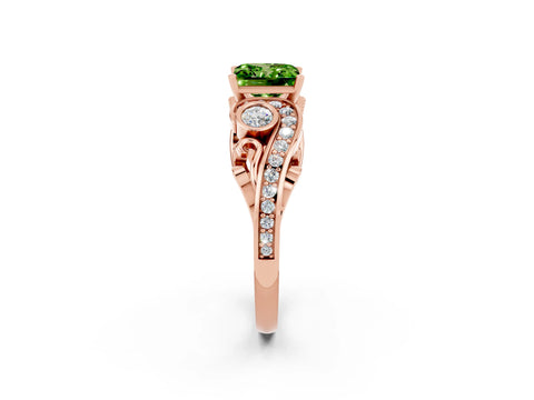 Rose gold Princess Cut Peridot Solitaire Ring with Milgrain Pavé Band and Four-Prong Setting_26