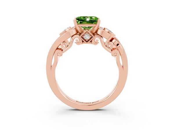 Rose gold Princess Cut Peridot Solitaire Ring with Milgrain Pavé Band and Four-Prong Setting