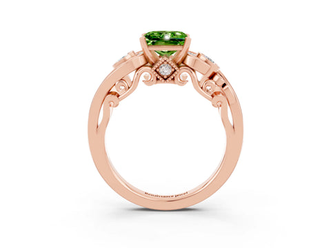 Rose gold Princess Cut Peridot Solitaire Ring with Milgrain Pavé Band and Four-Prong Setting_27